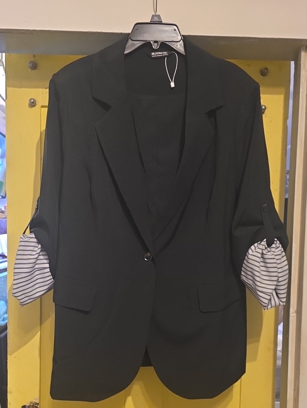 Bloomchic Black Single-Button Blazer with Striped Sleeve Detail